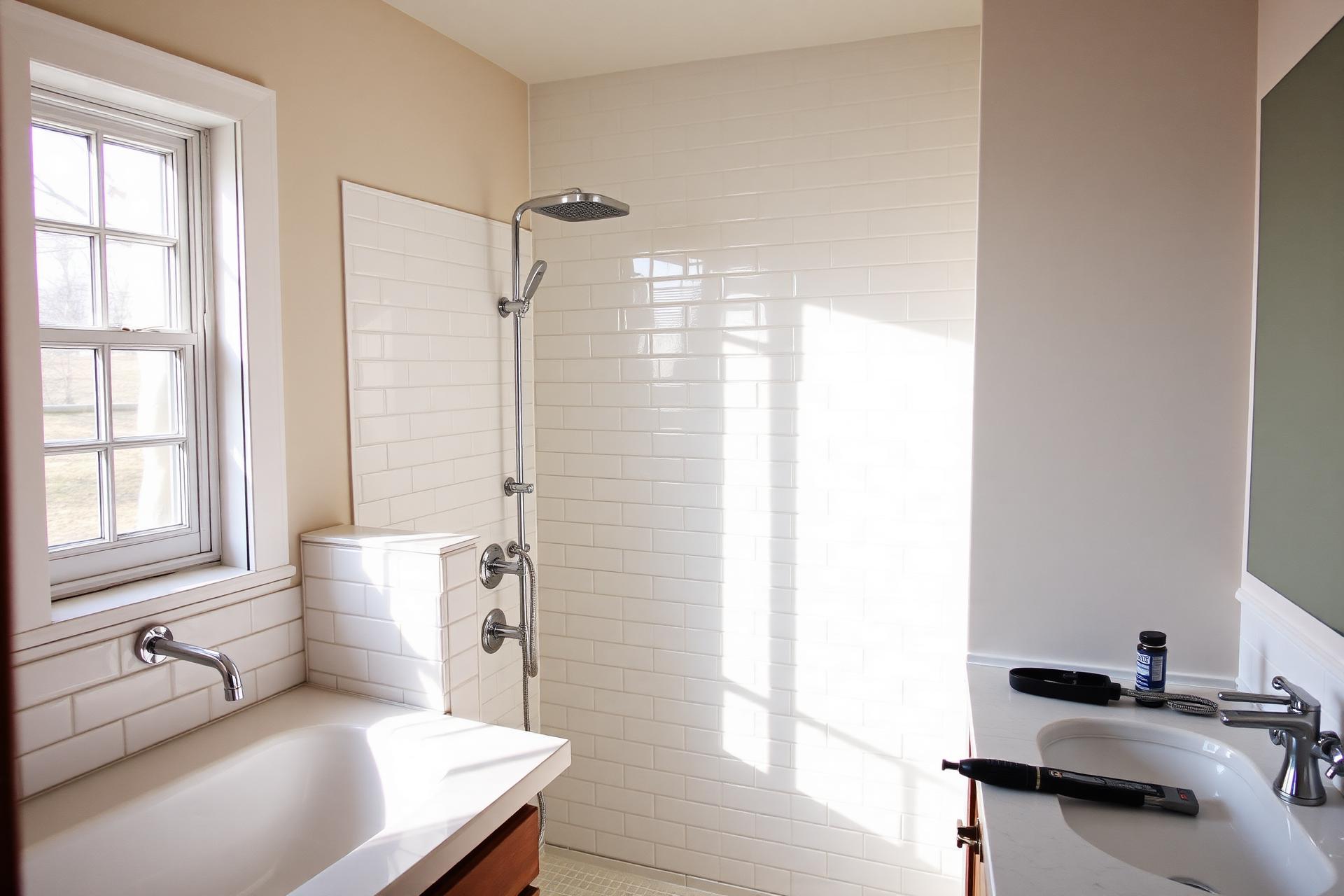 Bright modern bathroom remodel by O&L Home Improvement in East Orange, NJ — subway tile shower, chrome fixtures, clean copper plumbing