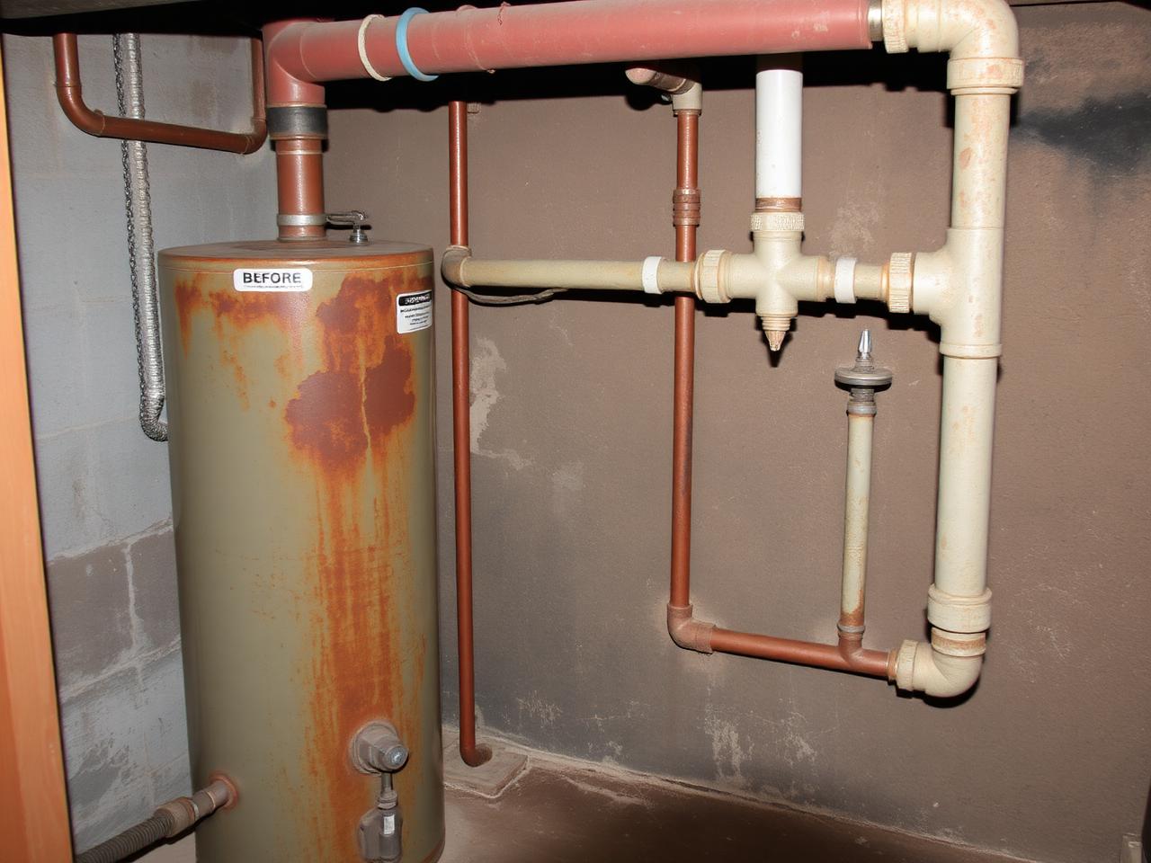 Old rusted water heater and corroded pipes before O&L Home Improvement replacement